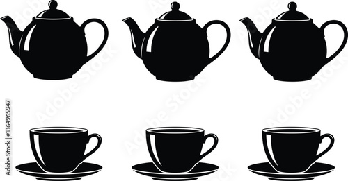 Tea kettle and cup silhouettes set showing teapots and teacups isolated on white background elegant black vector illustration collection