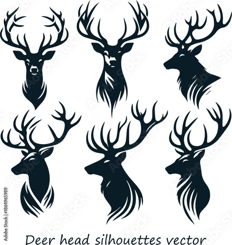 Deer Head Silhouette Vector Illustration, Wildlife Antler Logo Design.