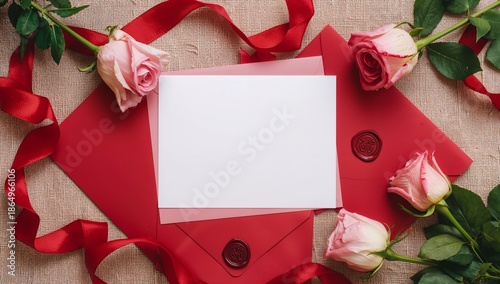 Greeting Card and Red Envelopes With Roses and Ribbons on a Table