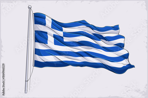 Hand drawn waving Greece national flag illustration with nine horizontal blue-white stripes and blue canton bearing white cross, Greek emblem