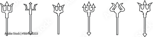 Trident Line Style Vector Icon Set, Mythology Weapon Symbol Collection and Ancient Outline Graphic Group Featuring Trishul, Spear and Fork Emblem Designs
