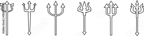 Trident Line Style Vector Icon Set, Mythology Weapon Symbol Collection and Ancient Outline Graphic Group Featuring Trishul, Spear and Fork Emblem Designs
