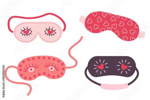 Sleep mask illustrations with heart and eye patterns. Nightwear elements for self care, protection eyes, dreaming. Set accessory for resting and relaxation