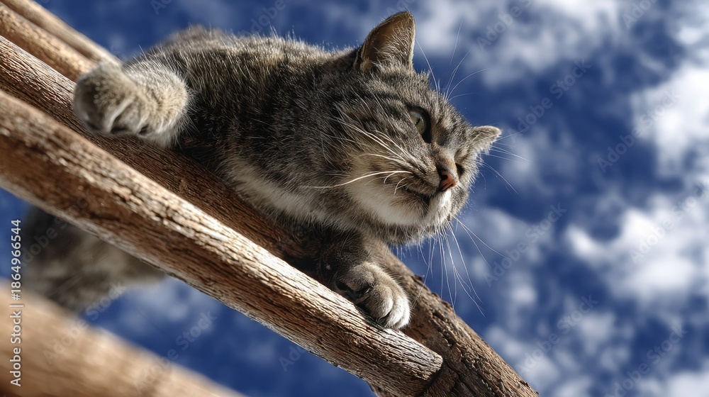 Obraz premium Cat sitting calmly on a ladder, representing a stage of growth and reflection in its personal journey