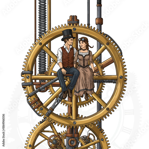 Steampunk Couple Sitting on Giant Clock Gears - Fantasy Vector Illustration