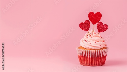 Cupcake Decorated With Hearts on a Pink Background During a Celebration