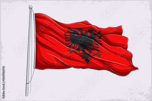 Hand drawn waving Albania national flag illustration with black double-headed eagle (shqiponja) centered on red field, Skanderbeg banner