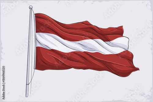 Hand drawn waving Latvia national flag illustration with red top and bottom stripes framing central white band, classic Baltic triband emblem