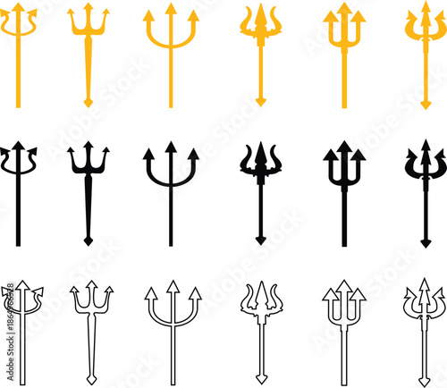 Trident Flat Line Style Vector Icon Set, Mythology Weapon Symbol Collection and Ancient Outline Graphic Group Featuring Trishul, Spear and Fork Emblem Designs