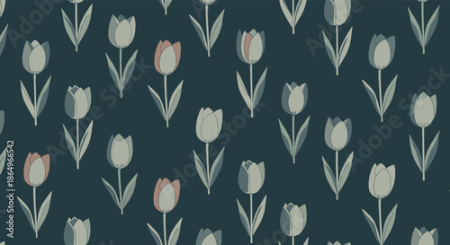 Elegant seamless pattern of stylized tulips on a dark teal background, a sophisticated and modern floral design for textiles or wallpaper.