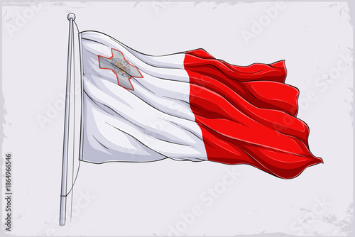 Hand drawn waving Malta national flag illustration divided vertically white hoist and red fly, with silver George Cross red in upper canton