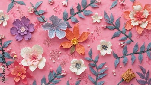 Colorful Paper Flowers on a Pink Background With Green Leaves and Decorative ...