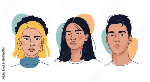 Diversity is represented by three flat vector portraits of young multicultural people with unique facial features and stylish hair.