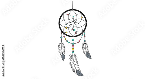 Intricate dreamcatcher design with a black circular frame, colorful beads, and three soft feathers hanging below.