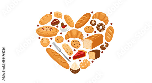 Bakery products arranged in a heart shape featuring various bread loaves, pies, croissants, and delicious pastries.