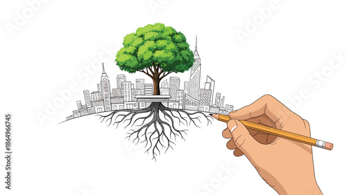 Hand meticulously drawing a vibrant city skyline around a magnificent tree with exposed roots, symbolizing sustainable urban planning and nature integration.