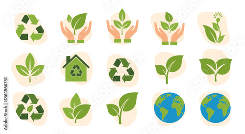 Collection of green ecology and sustainability icons featuring recycling symbols, leaves, hands, and planet earth for environmental use.