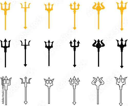 Trident Flat Line Style Vector Icon Set, Mythology Weapon Symbol Collection and Ancient Outline Graphic Group Featuring Trishul, Spear and Fork Emblem Designs