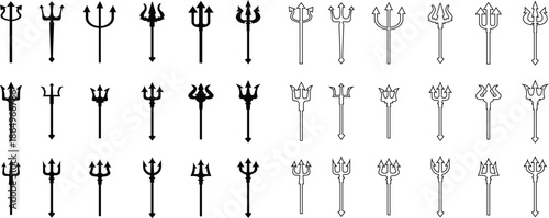 Trident Flat Line Style Vector Icon Set, Mythology Weapon Symbol Collection and Ancient Outline Graphic Group Featuring Trishul, Spear and Fork Emblem Designs
