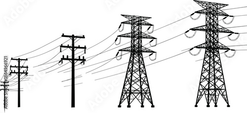Electric power transmission towers and utility poles silhouette showing high voltage lines energy infrastructure electricity distribution black vector illustration