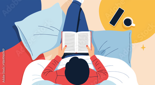Top-down illustration of a woman relaxing in bed while reading a book, with a coffee cup and phone nearby, enjoying leisure time.