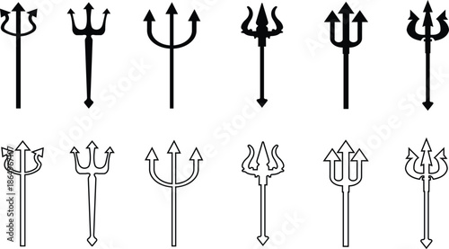 Trident Flat Line Style Vector Icon Set, Mythology Weapon Symbol Collection and Ancient Outline Graphic Group Featuring Trishul, Spear and Fork Emblem Designs