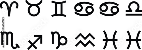 Black zodiac sign icon set featuring astronomical symbols for Aries Taurus Gemini Cancer Leo Virgo Libra Scorpio and Sagittarius.