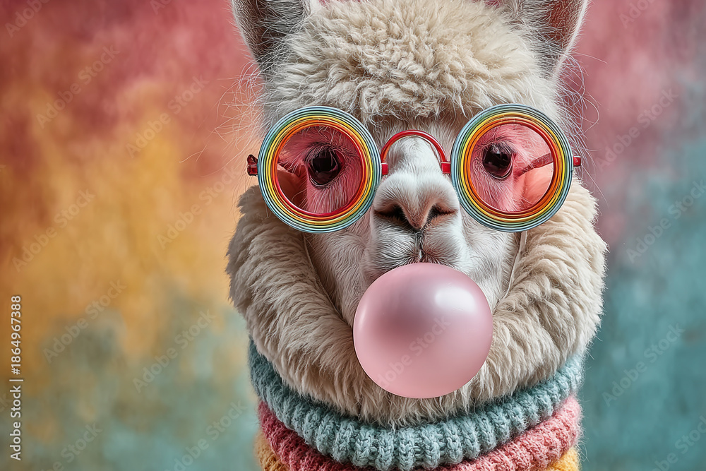 Fototapeta premium Whimsical Llama with Bubblegum: A charming llama sports playful sunglasses, blowing a perfect bubblegum bubble against a backdrop of colorful hues. Capturing a lighthearted moment of joy and whimsy.