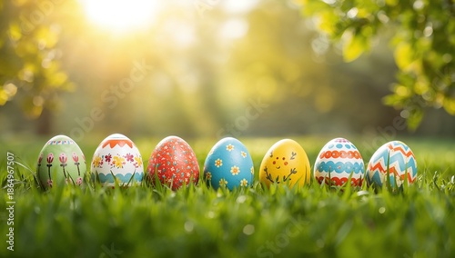 Colorful Eggs Arranged in a Line on Grass During Daylight in a Garden Setting