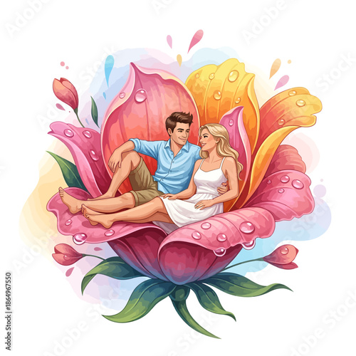 Romantic Couple Sitting Inside a Giant Fantasy Flower - Creative Concept Art