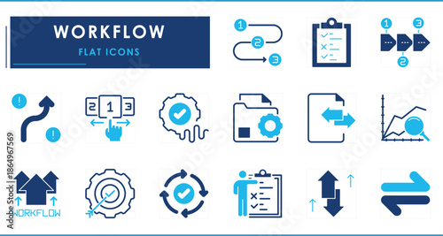 A set of flat icons related to Workflow. Flow, process, work, efficient, target, selection, time, and so on.