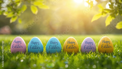 Colorful Easter Eggs Lined up on Green Grass With Sunlight Shining in Background