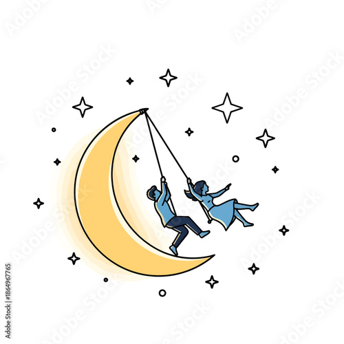 Romantic Couple Swinging on a Crescent Moon Among Stars - Line Art Vector