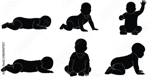 Black baby silhouette collection featuring various infant poses including crawling sitting lying down and waving for childhood parenting growth and flat vector.