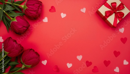 Heart Shapes and Flowers on Red Background for Celebration or Gathering
