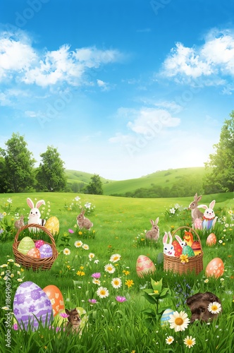 Colorful Easter Eggs and Bunnies in a Green Field With Flowers Under a Blue Sky