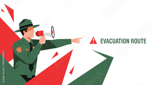 Park Ranger Directing Evacuation With Megaphone During Emergency Situation