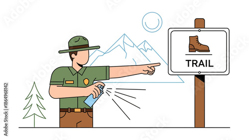 Park Ranger Directing To Trail While Using Bug Spray in a Natural Environment