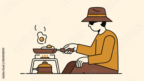 Person Cooking Eggs Over Camping Stove Outdoor Breakfast Preparation