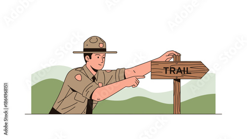 Park Ranger Directing Hikers On Trail With Wooden Sign Post Illustration