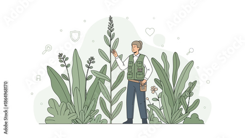 Person Engaged In Botanical Research Examining Plant Growth In A Thriving Garden