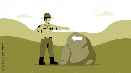 Park Ranger Directing Toward An Arrow On The Rock In Wilderness Illustration
