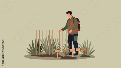 Person In Botanical Garden Inspecting Plants For Horticultural Research
