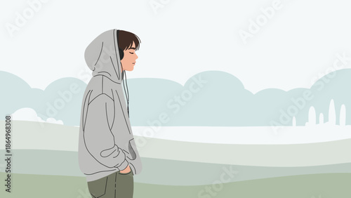 Person In Hoodie Contemplating Serene Landscape Scene With Soft Pastel Colors