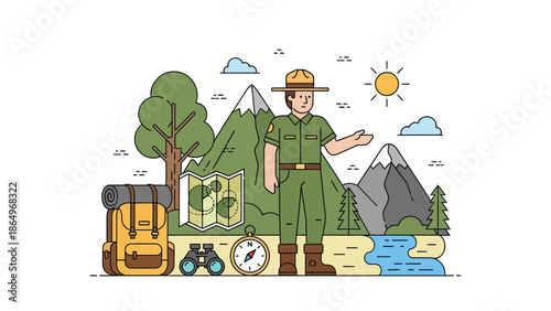 Park Ranger Explains Landscape Adventure Tour With Mountain And Backpack