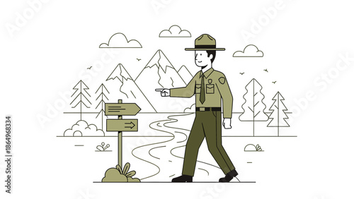 Park Ranger Giving Directions In A Mountain Landscape Simple Outline Illustration