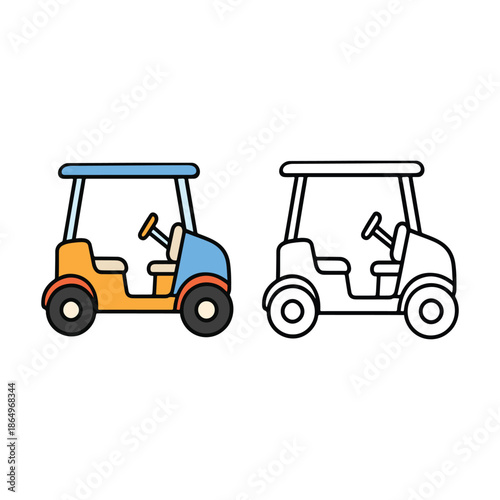Simple golf cart illustration with a colored version and an outline version, clean and minimal style suitable for icons, stickers, sports graphics, kids content, and coloring pages.