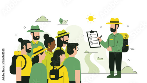 Park Ranger Guides Visitors with a Checklist in a Minimalist Graphic Style