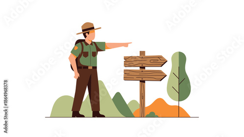 Park Ranger Guides Hikers With Directional Sign In National Forest Scene