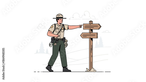 Park Ranger Guiding Direction at Signpost in National Park Adventure